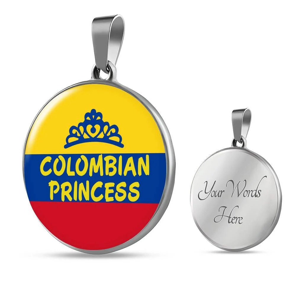 Colombian Princess Circle Pendant Necklace Stainless Steel 24 Inch Chain Silver